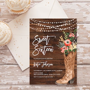 Boho Sweet Sixteen-Geburtstagsfeier-Einladung, Cowgirl-Stiefel-Geburtstags-Einladung, rustikales Land, Sweet 16th, Lichterketten Corjl Vorlage 265
