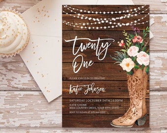 Boho Birthday Party Invitation, Cowgirl Boot Birthday Invite, Rustic Country, String Lights, Twenty-One, 21st, 21,  Corjl Template 265