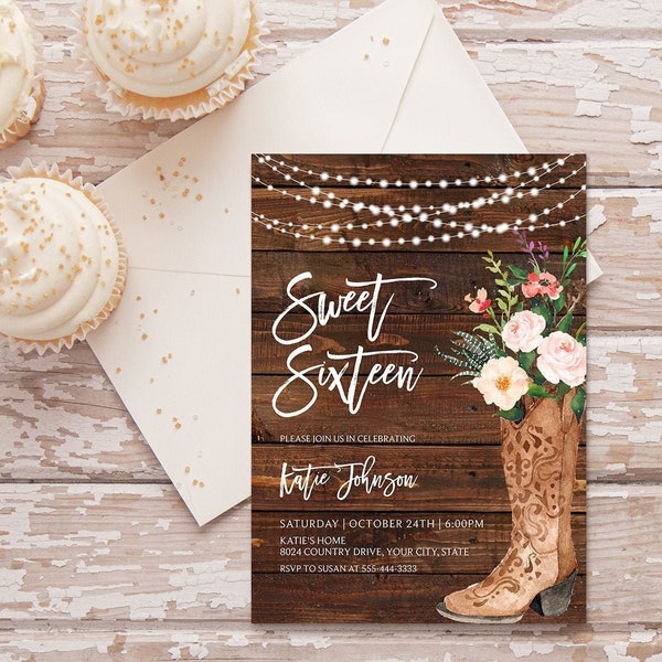 Invito festa di compleanno Boho Sweet Sixteen, Invito di compleanno con stivale da cowgirl, Paese rustico, Dolce 16, Luci stringa Corjl Modello 265