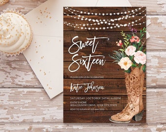 Boho Sweet Sixteen Birthday Party Invitation, Cowgirl Boot Birthday Invite, Rustic Country, Sweet 16th, String Lights Corjl Template 265