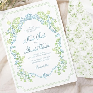 Elegante plantilla de invitación de boda, imprimible en un jardín azul y verde, invitación botánica editable para ceremonia (129)