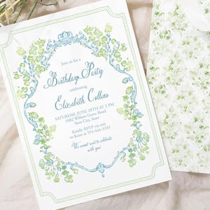 Elegante plantilla de invitación para fiesta de cumpleaños, damasco azul y verde imprimible, invitación editable para celebración en el jardín para mujeres 129