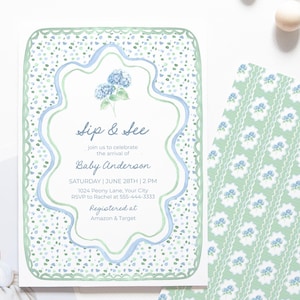 Blauwe en groene uitnodigingssjabloon met aquarel hortensia's, afdrukbare baby-welkomstfeestkaart met ontwerp op de achterkant 154
