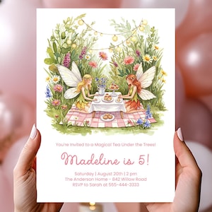 Fairy verjaardagsfeestje sjabloon, magische tuin uitnodiging voor meisjes, bewerkbaar ontwerp, afdrukbare Woodland Tea Party