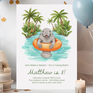 Invitación para fiesta de cumpleaños de manatíes, plantilla para tubing tropical, imprimible y editable para fiesta en la piscina, divertida invitación de verano para niños.