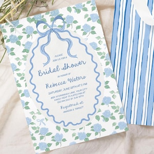 Preppy Chinoiserie Bridal Shower Invitation Template, Blue Hydrangea Wedding Shower Invite, Handwritten Coquette Bow, Stripes 329