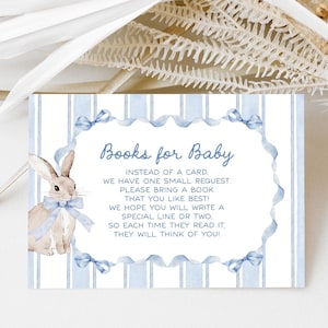 Blauwe konijntjesboeken voor baby-inzetstuk, afdrukbare boekverzoekkaart voor babyshower, bewerkbare jongensdouche-inzetstuk 179