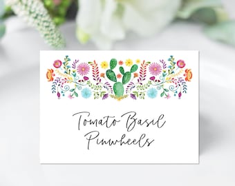 Fiesta Food Tent, Editable Template, Table Tent, Mexican Bridal Shower Place Card, Fiesta Floral Baby Shower Decoration, Name Card Corjl 353