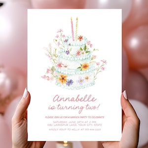 Floral Garden Party Invitation, Editable Second Birthday Invite for Girl, Pastel Cake Design, Watercolor Flowers, 2nd Birthday Template 386