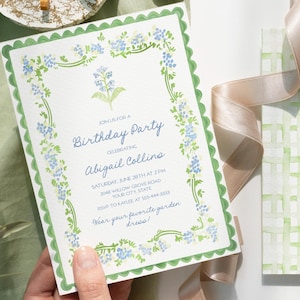 Modelo de convite de aniversário floral, convite editável para festa no jardim com detalhes recortados em azul e verde e xadrez aquarela, verso 129