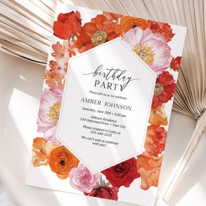 Summer Floral Birthday Party Invitation Template, Editable Woman's Birthday Invite, Printable Bright Pink and Orange Flowers Invite 290