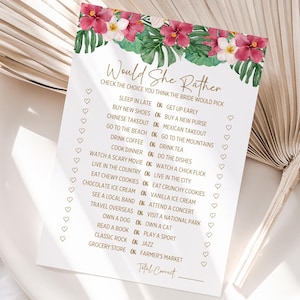 Would She Rather Bridal Shower Game, Editable Tropical Wedding Activity, Printable Hibiscus Game Card, Fun Floral Bride Guessing Game 189