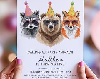 May include: A birthday party invitation featuring illustrations of a raccoon, bear, and fox wearing party hats and sunglasses. The invitation text reads "Calling All Party Animals!" and includes party details.