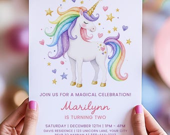 May include: A birthday invitation featuring a watercolor unicorn with a rainbow mane and tail, surrounded by stars and hearts. The invitation reads "Join us for a magical celebration!" and includes the name "Marilynn" and event details.