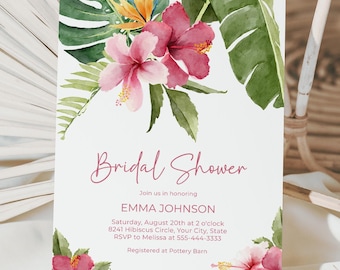 Tropical Flowers Bridal Shower Invitation, Hibiscus Flowers Bridal Brunch Invite, Pink Floral, DIY Editable Template 189