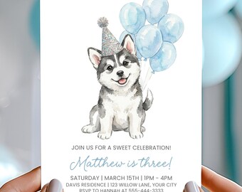 Husky Puppy Corjl Invitation Template, Watercolor Dog Birthday Party Invite, Boy Birthday Invitation, Cute Puppy Party Decor