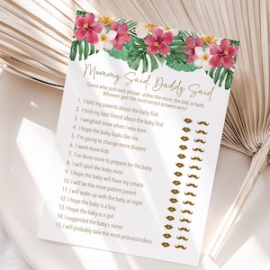 Gioco "Mamma ha detto Papà ha detto" per il baby shower, quiz tropicale modificabile, gioco di indovinelli stampabile, divertente rompighiaccio per i futuri genitori 189