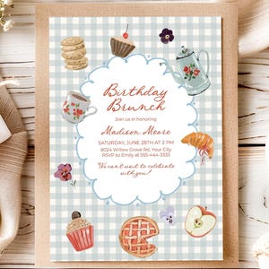 Convite para Brunch de Aniversário, Convite para Festa Gingham Editável, Modelo de Brunch Vintage, Tema Café Retrô para Imprimir, Estilo Chá da Tarde 222