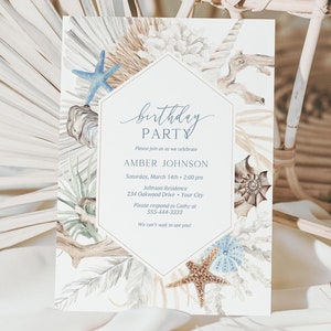 May include: A white invitation card with a watercolor design of seashells, starfish, and palm leaves. The text on the card reads "birthday party" and includes the name "Amber Johnson", the date "Saturday, March 14th", the time "2:00 pm", the address "234 Oakwood Drive", and the city "Your City".