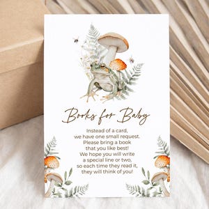 Modèle de carte livres champignons et grenouilles pour bébé, demande de livre forêt, carte bébé bibliothèque, carte d'invitation forêt 218