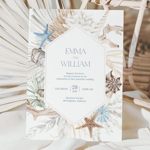 Küsten Hochzeitseinladung, Strandhochzeit einladen, Boho Hochzeitseinladung zum Thema Ozean, Muscheln, Muscheln, Koralle, DIY bearbeitbare Vorlage 429