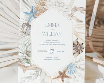 May include: A white wedding invitation with a watercolor design featuring seashells, starfish, and palm leaves. The invitation reads "Emma and William" and includes the date and time of the wedding.