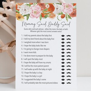 Modello per il gioco "Mamma o Papà ha detto", gioco per baby shower agli agrumi, scheda di indovinello modificabile, stampa floreale, disegno arancione acquerello 132