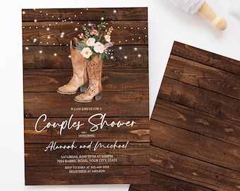 Rustic Couples Shower Invitation, Editable Template, Country Western Boots Invitation, Southwestern Wedding Shower Invite, Wood, Corjl 265