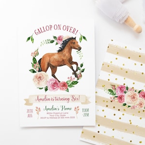 Horse Birthday Party Invitation, Girl’s Birthday Party Invite, Gallop On Over Invite, Pink Floral, Any Age, DIY Editable Template 226