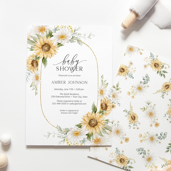 Daisy and Sunflower Baby Shower Invitation, Meadow Flowers Baby Brunch Invite, Cottage Floral Baby Girl Invite, DIY Editable Template 123