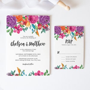 Mexican Floral Wedding Invitation Set, Fiesta Wedding Invitation Suite, Colorful Flowers, Bright Colors, Boho, DIY Editable Template 241