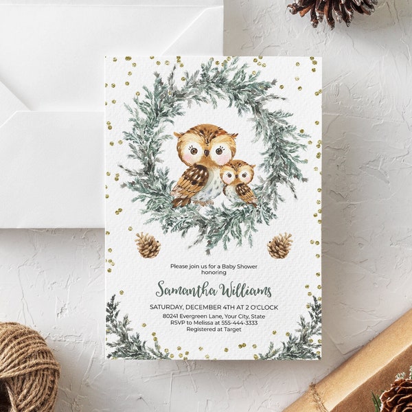 Winter Owl Baby Shower Invitation, Rustic Woodland Baby Brunch Invite, Evergreen Sip and See, Pinecones, Pine Wreath, DIY Corjl Template 278
