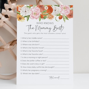 Modello di gioco "Chi conosce la mamma?", Gioco per baby shower agli agrumi, Scheda quiz per mamme modificabile, Stampa floreale, Attività per baby shower con acquerello 132