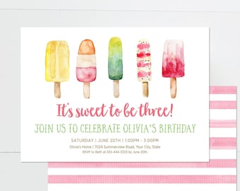 Popsicle Birthday Party Invitation, Summer Birthday Party Invite, It’s Sweet To Be Three, Girl Birthday Invite, DIY Editable Template
