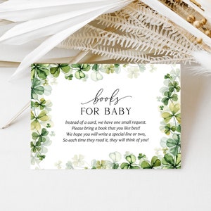 Carte Trèfle livres pour bébé, demande de livre pour la Saint-Patrick, carte Baby Stock la bibliothèque, carte d'insertion d'invitation, modèle modifiable bricolage 406