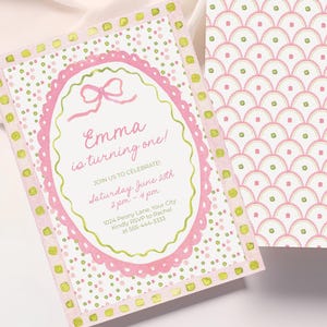 Pink Bow First Birthday Invitation, Editable Grandmillennial Party Template, Preppy Watercolor Design, Girl’s 1st Birthday Printable 145