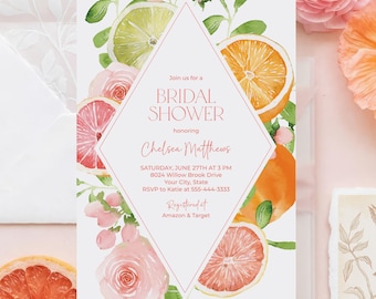 Citrus Bridal Shower Invitation, Bridal Brunch Invite, Summer Fruit, Oranges, Grapefruit, Pink Floral, DIY Editable Template 151