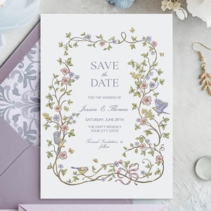 Modèle d'invitation à réserver une date pour un mariage avec chinoiseries roses et bleus poussiéreux, carte réservez cette date florale vintage et oiseau bleu, fleurs sauvages 110