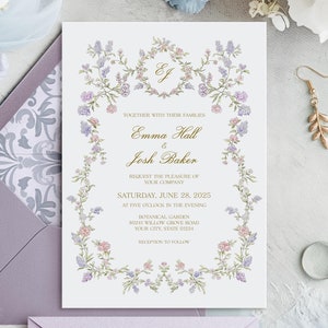 Pink and Lavender Floral Wedding Invitation, Vintage Floral Wedding Invite, Elegant Wildflower Invitation, DIY Editable Template 251