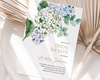 Blue Hydrangea Bridal Shower Invitation, Garden Blooms Wedding Shower Invite, Blue and Lavender Floral, Greenery, DIY Editable Template 118