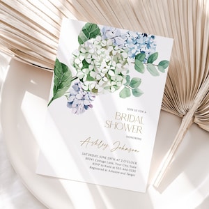 Blue Hydrangea Bridal Shower Invitation, Garden Blooms Wedding Shower Invite, Blue and Lavender Floral, Greenery, DIY Editable Template 118