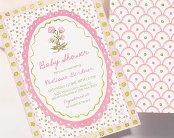 May include: Pink and gold baby shower invitation with a floral design and the text "Baby Shower" and "Melissa Gardner".