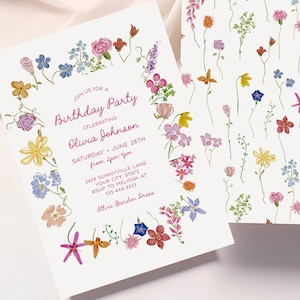 Modelo de convite para festa de aniversário com flores extravagantes, convite de aniversário para menina coquete do jardim, editável e imprimível para qualquer idade 178