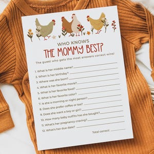 Editable Who Knows Mommy Best Game, Baby Shower Game Template, Printable Farm Theme Chicken Game, Rustic Baby Shower Activity 320