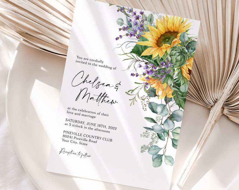 Sunflower and Lavender Wedding Invitation Boho Wedding Invite Summer Floral Rustic Flowers DIY Editable Template 148