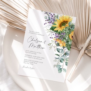 Sunflower and Lavender Wedding Invitation, Boho Wedding Invite, Summer Floral, Rustic Flowers, DIY Editable Template 148