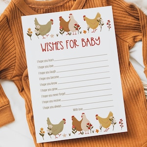 Kaart kip wensen voor baby, instant download, boerderij babyshower spel, boerenerf dier baby wensen kaart, kippen, wilde bloemen, niet bewerkbaar 320