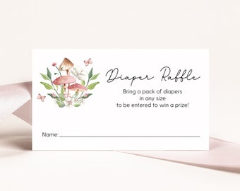 Pink Mushroom Diaper Raffle Ticket, Invitation Insert Card, Woodland Baby Shower Game Activity, Forest Baby Shower, DIY Corjl Template 105