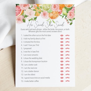 Citrus He Said She Said Game, Bridal Shower Game, Bride or Groom, Who Said It, Guessing Game, Summer Fruit, DIY Editable Template 151