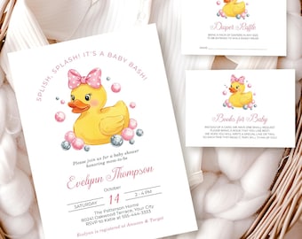 Pink Rubber Duck Baby Shower Invitation Suite, Girl Rubber Ducky Editable Template, Duck Invitation Printable Download, Silver Yellow
